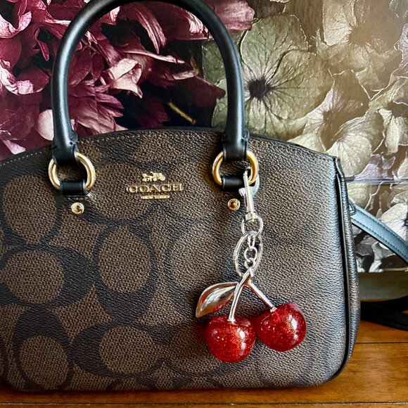 NEW Red Glitter Large Cherries Purse Charm Keychain Silver Toned - Picture 2 of 7